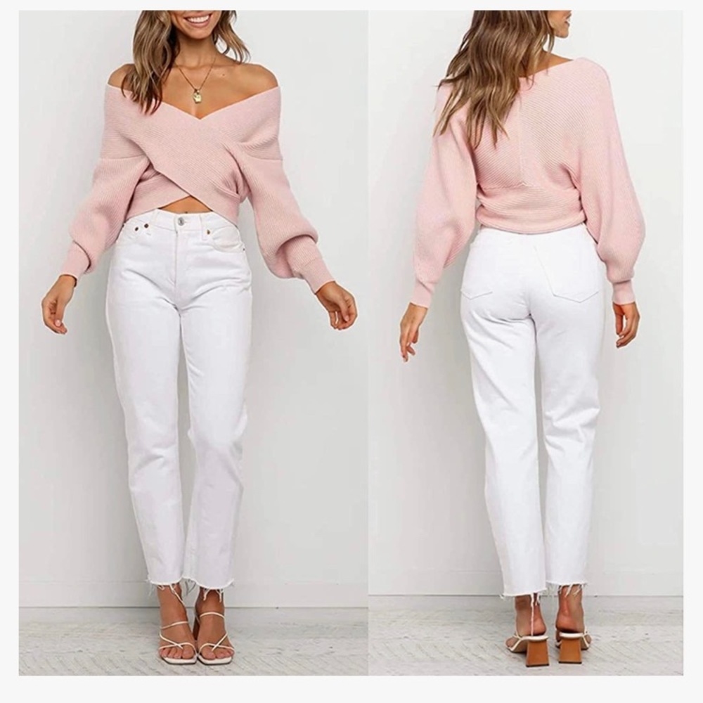 BTFBM V Neck Long Sleeve Sweater Cross Wrap Off Shoulder Asymmetric Hem XL